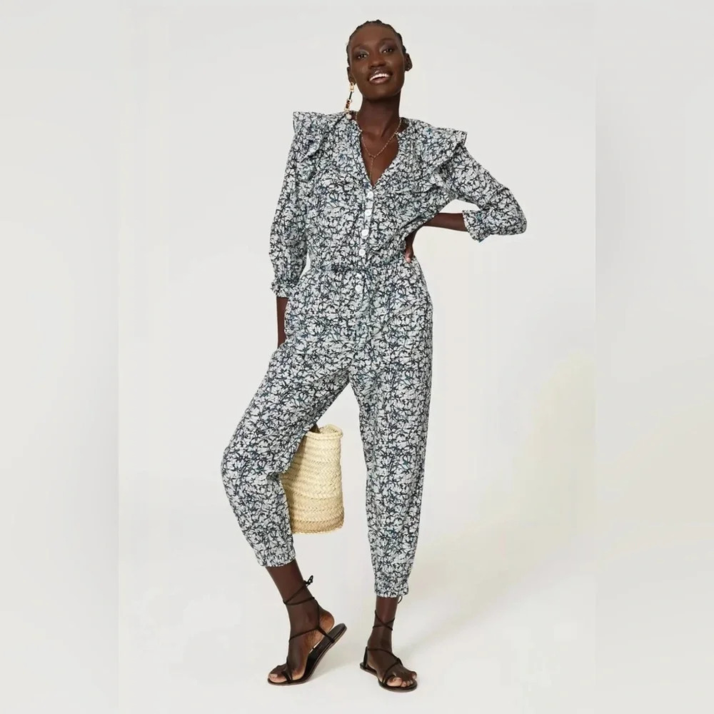 Nwt $550 Veronica Beard Tanay Batik Puff Sleeve Jumpsuit Size 12 Blue/Off White
